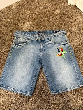Ladies Light Blue Denim Bermuda Shorts with Embroidered Butterfly